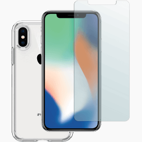 iPhone X verre trempé + coque en plastique transparent