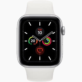 Refurbished Apple Watch Series 5 44 mm aluminium zilver wifi met wit sportbandje
                            