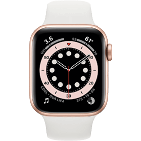 Apple Watch Series 6 44 mm acier inoxydable or 4G avec bracelet sport blanc