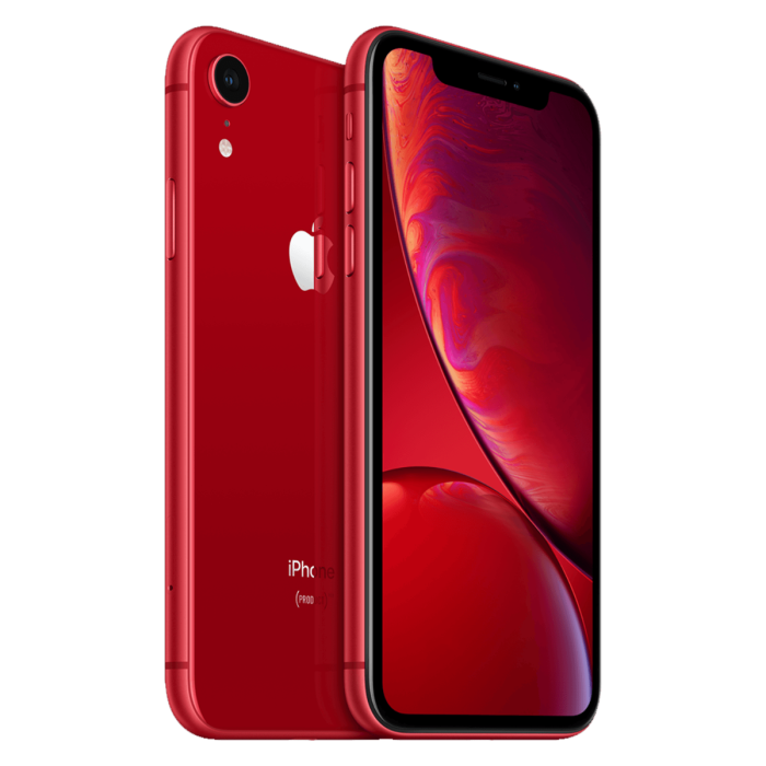 iPhone XR rouge, vue de biais des faces avant et arrière