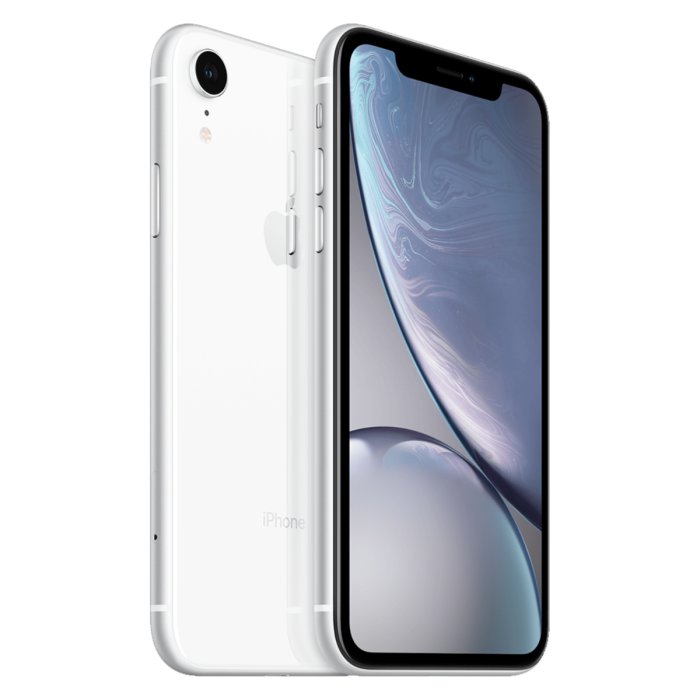  iPhone XR wit, schuin aanzicht van voor- en achterkant                           