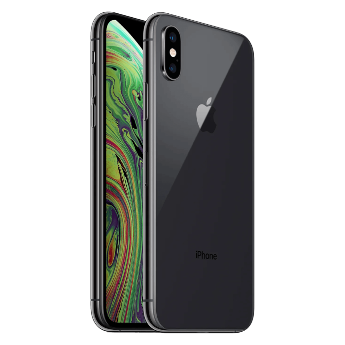 iPhone XS Max gris sidéral, vue de biais des faces avant et arrière