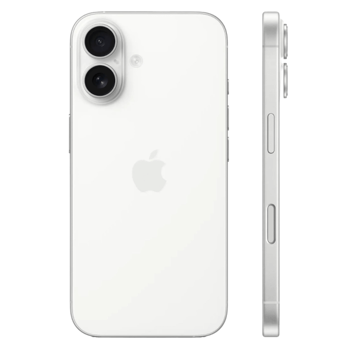 iPhone 16 wit, achterkant met dubbele camera en zijkant                            
