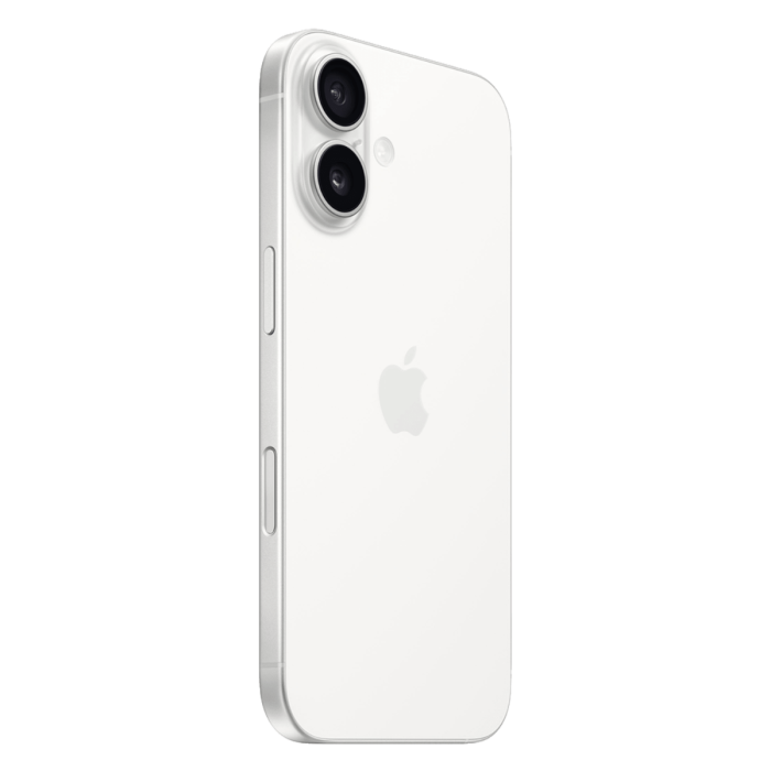 iPhone 16 wit, schuin aanzicht van de achterkant                            