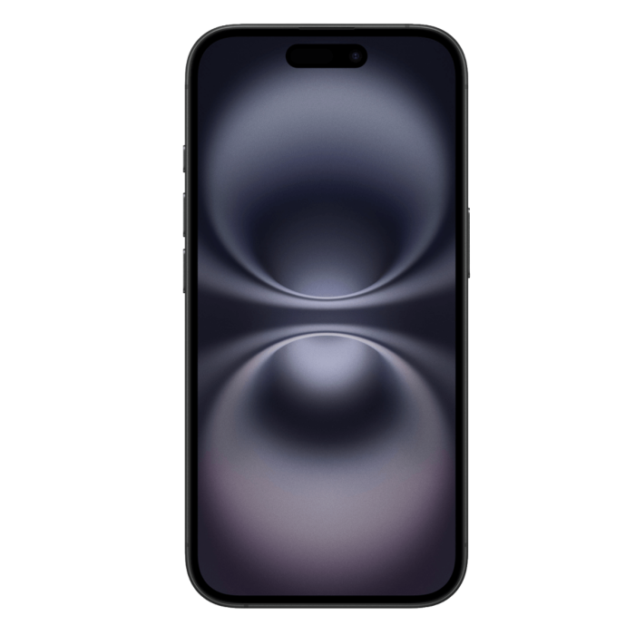 iPhone 16 noir, face avant avec écran