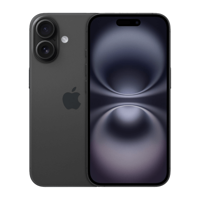 iPhone 16 noir, face avant et face arrière