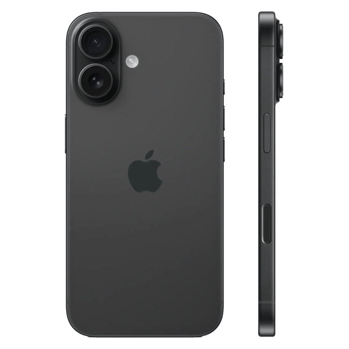 iPhone 16 noir, face arrière avec double appareil photo et tranche latérale