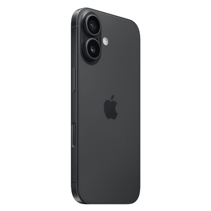 iPhone 16 noir, vue de biais de la face arrière