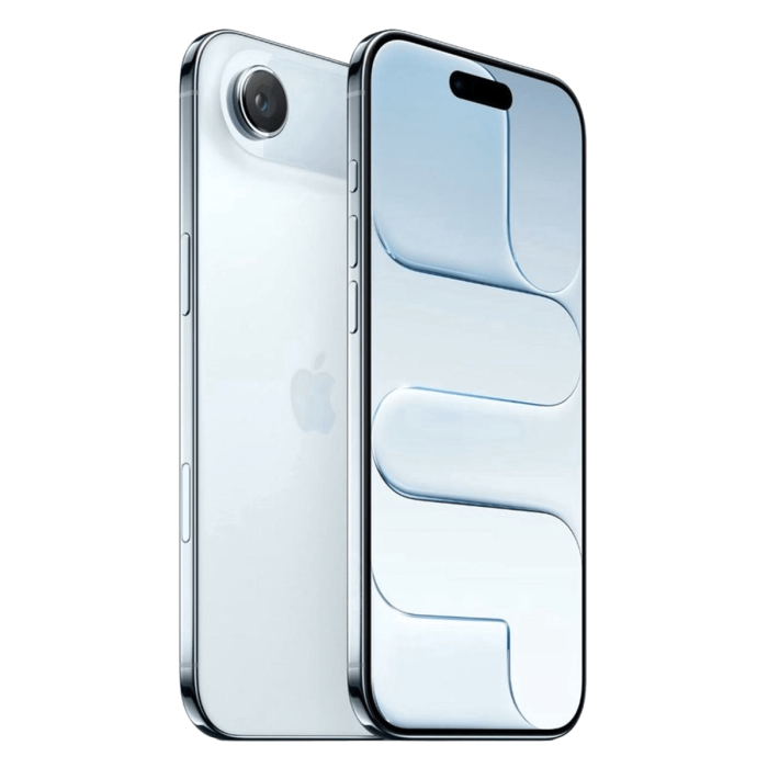 iPhone Air hemelsblauw, schuin aanzicht van voor- en achterkant                            