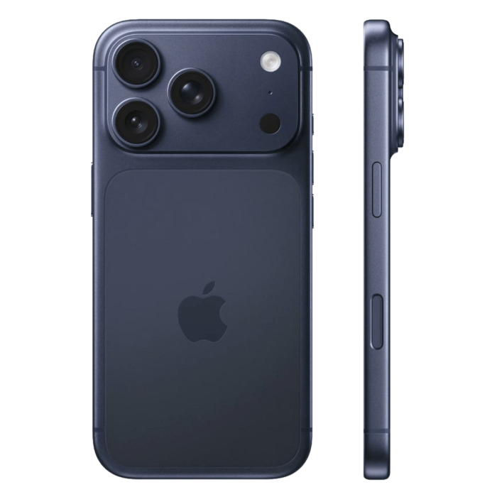 iPhone 17 Pro diepblauw, achterkant met drievoudige camera en zijkant                            