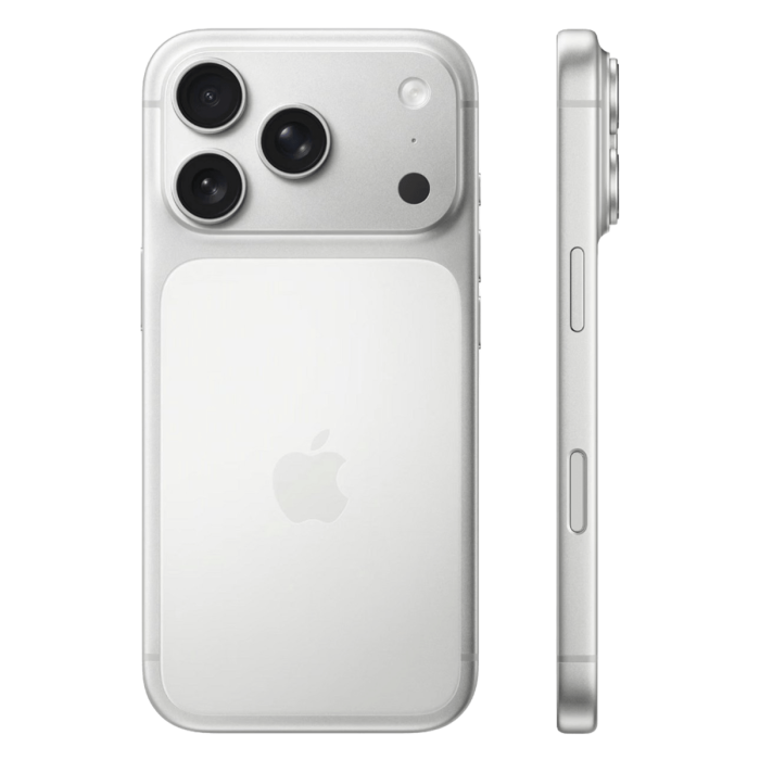  iPhone 17 Pro zilver, achterkant met drievoudige camera en zijkant                           