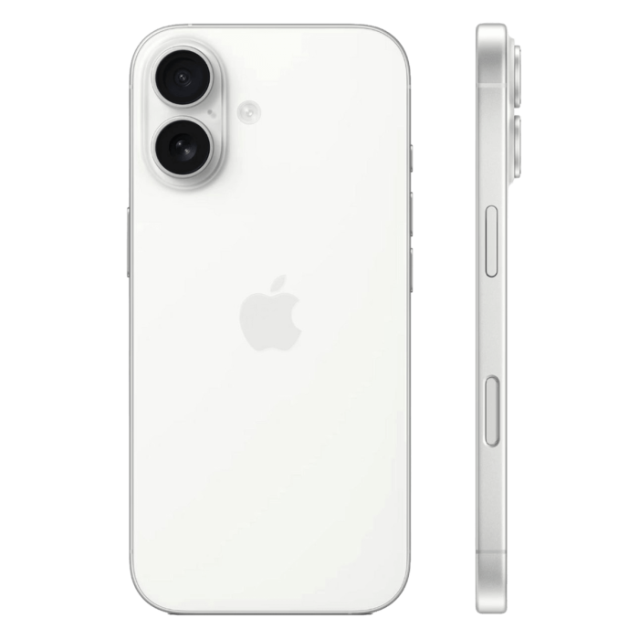 iPhone 17 wit, achterkant met dubbele camera en zijkant                            