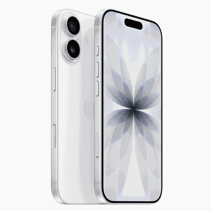 iPhone 17 wit, schuin aanzicht van voor- en achterkant