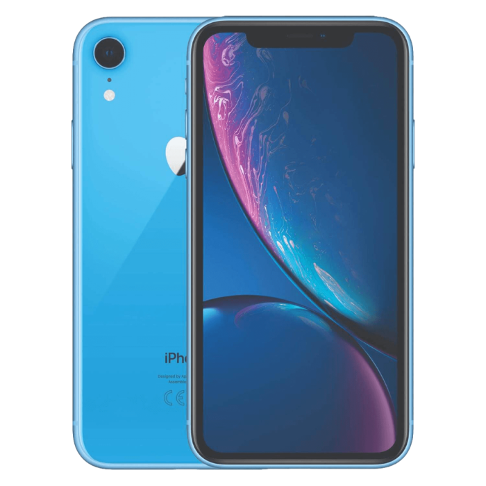 iPhone XR bleu, face avant et face arrière