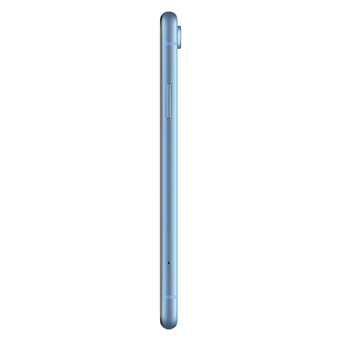 iPhone XR bleu, tranche latérale avec bouton latéral et tiroir SIM