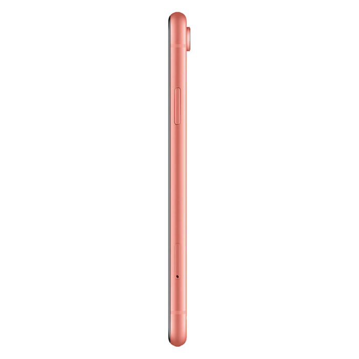 iPhone XR corail, tranche latérale avec bouton latéral et tiroir SIM