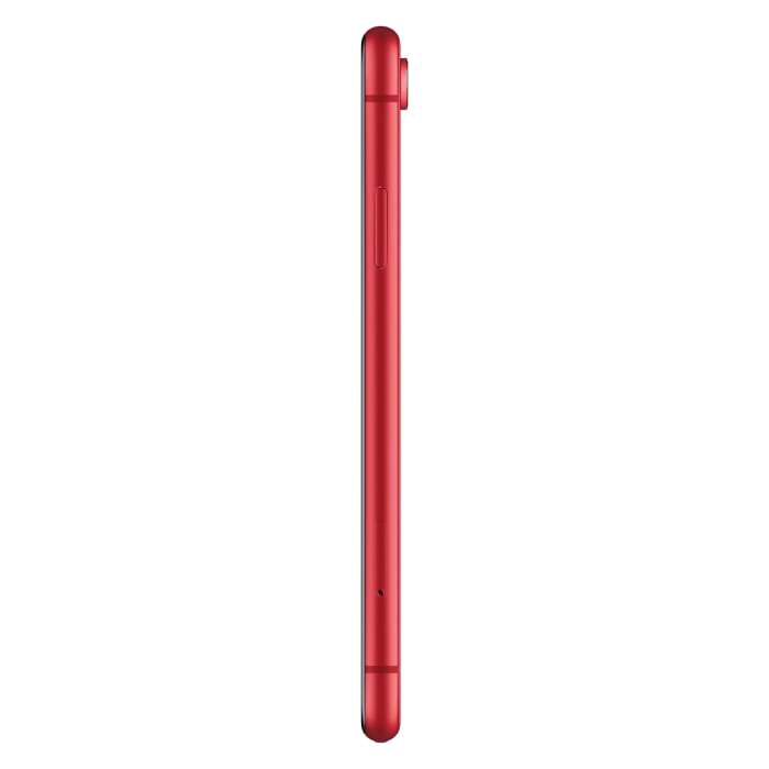 iPhone XR rouge, tranche latérale avec bouton latéral et tiroir SIM