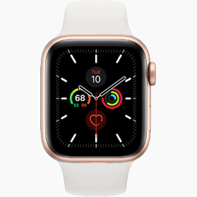 Refurbished Apple Watch Series 5 44 mm aluminium goud 4G met wit sportbandje 
                            