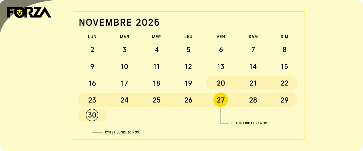 Kalender november 2026 met Black Friday op 27 november en Cyber Monday op 30 november