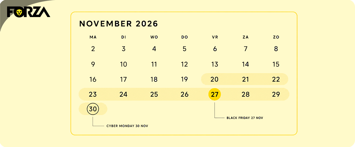 Kalender november 2026 met Black Friday op 27 november en Cyber Monday op 30 november